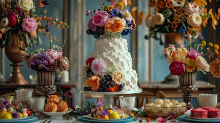 Fototapeta premium wedding decorative cake on the table, delicious wedding cake