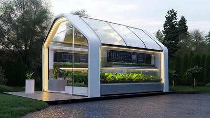 A contemporary greenhouse filled with vibrant plants, promoting eco friendly gardening techniques in a tranquil landscape