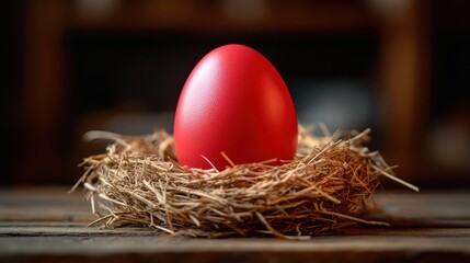 Red egg in rustic nest, wooden background, Easter