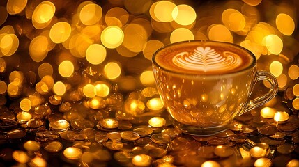 Golden Latte Art Coffee Amidst Sparkling Lights