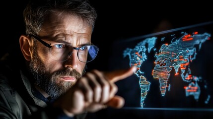 man with glasses examines a luminous digital world map, engaged in data analysis late at night, reflecting focus and deep concentration on global trends and information