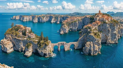 Historical Cliffside Village Overlooking Azure Blue Sea Under Scenic Sky