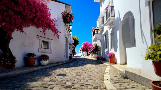 Charming Cobblestone Lane: A picturesque street scene in a sun-drenched Mediterranean town, featuring vibrant bougainvillea trees framing charming whitewashed houses and a cobblestone pathway.