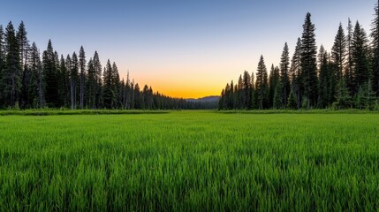 Fototapeta premium Sunset over green meadow forested area nature scene tranquil environment wide-angle view serene landscape for relaxation