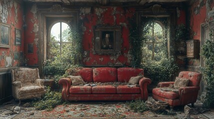 Abandoned Vintage Living Room Overrun by Nature and Vegetation Growth Indoors