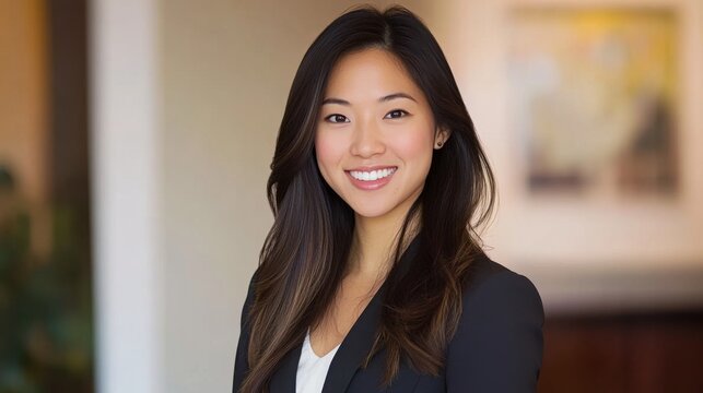 Confident and beautiful Asian woman in a well-fitted suit, smiling in a bright office background. Her professional appearance and positive personality make her stand out in a corporate setting.