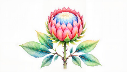 Obraz premium Single protea flower in soft pastels on white background, floral art