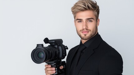 young man dressed in a formal black suit holds a camera with a large lens while posing. He stands against a plain light backdrop in a photography studio, exuding confidence and professionalism