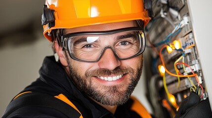 skilled electrician smiles confidently while working on an electrical panel. He is wearing safety goggles and a hard hat, ensuring a safe environment in the residential building