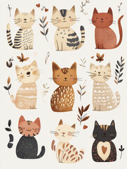 Hand drawn cat pattern with floral accents and bohemian patterns isolated on a white background for design elements