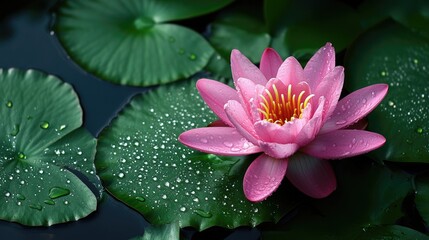 A delicate lily with droplets of water on its petals, reflecting light and color, surrounded by lush green leaves, creating a beautiful nature composition
