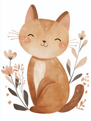 Hand drawn cat pattern with floral accents and bohemian patterns isolated on a white background for design elements