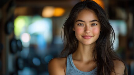 Woman smiling gym portrait, healthy lifestyle, fitness background