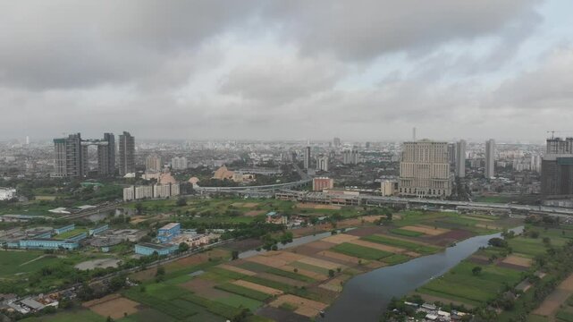 Kolkata Science City ITC Sonar Bangla Ma Flyover Biswa Bangla New Town Sector 5 Salt Lake view drone footage aerial view. Indian roads and landmarks of subcontinent empty roads.