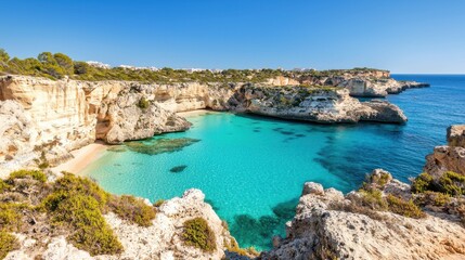 Obraz premium Serene beachfront escape coastal cove nature photography sunny day aerial view tranquil seascape and crystal clear waters