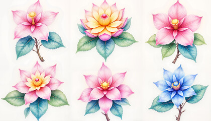Exquisite watercolor flowers in pastel tones on white background, nature's beauty