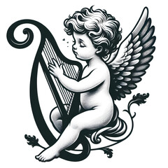 Cherub Playing Lyre in Monochrome Design