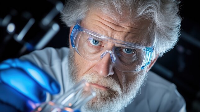 senior scientist focuses intently on a glass flask in a modern laboratory. He is wearing safety goggles and gloves, surrounded by lab equipment and glassware