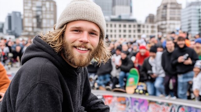 young male skateboarder with long hair and a beard smiling broadly at an urban skate park event filled with spectators. activity draws a lively crowd interested in the performances