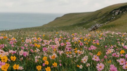 Obraz premium Vibrant wildflower bloom coastal hillside nature photography serene landscape overhead view seasonal beauty for nature enthusiasts