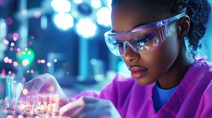 focused young scientist in protective wear carefully conducts experiments in a vibrant laboratory filled with colorful reagents and modern equipment during nighttime