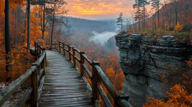 Scenic autumn landscape with wooden path overlooking colorful valley at sunset