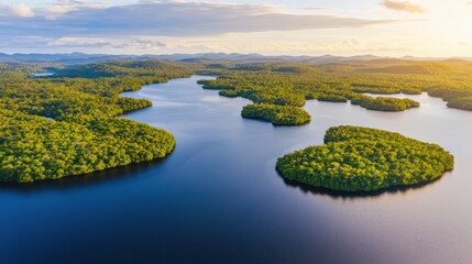 Breathtaking sunset over tropical islands amazon river basin aerial photography scenic nature panoramic view eco-tourism and conservation