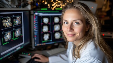 dedicated medical researcher analyzes complex imaging data on multiple computer screens in a well-equipped laboratory while focusing on her research goals