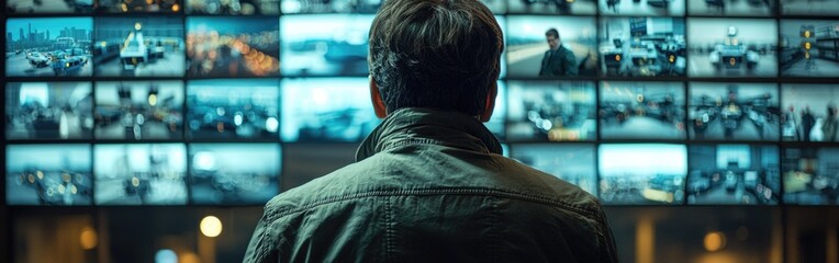 Military surveillance officer monitors city operations in high-tech control center