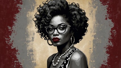 Elegant black and gray stencil art impasto illustration of a beautiful Black woman with voluminous curly hair, large glasses