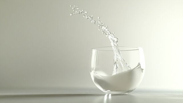 Fresh milk pouring smoothly into a transparent glass, creating a dynamic splash effect—symbolizing purity, nutrition, and freshness.

