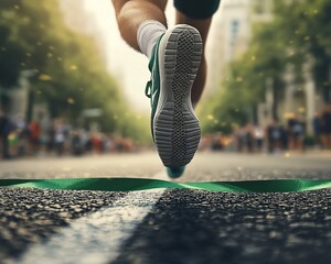 Runner crossing finish line, urban setting