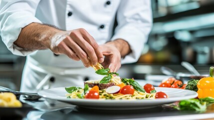 Chef preparing vibrant fresh salad with colorful ingredients