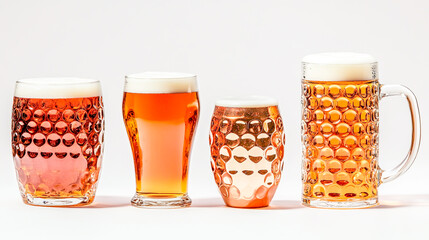 Various types of beer in traditional beer mugs, displayed separately on a white background