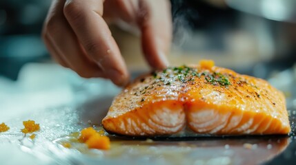 Perfectly grilled salmon fillet garnished with fresh herbs