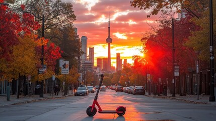 Red scooter sunset Toronto autumn city street