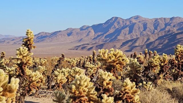 American desert with Cholla cacti in Joshua Tree National Park, California near sunset. Slow, side panning motion.