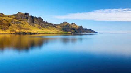 Naklejka premium Tranquil seascape with rugged mountains iceland nature photography serene coastal environment wide angle view pure beauty