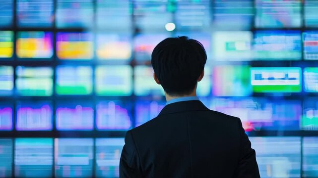 A businessman in formal attire monitors various screens filled with colorful data in a high tech control room, back view