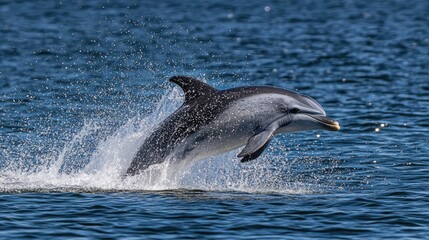 Naklejka premium A dolphin leaping joyfully out of the sparkling blue ocean, droplets of water glistening in the sunlight, creating a playful and energetic scene