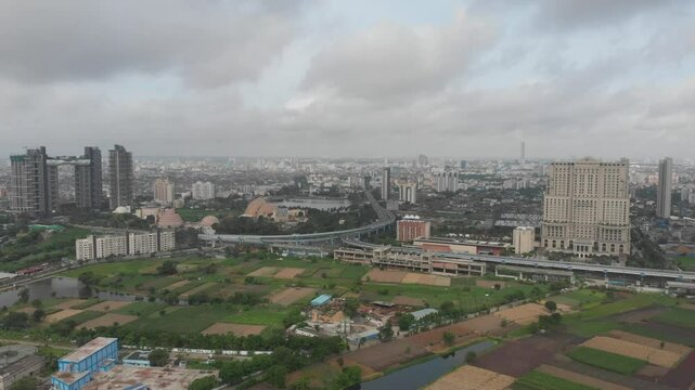 Kolkata Science City ITC Sonar Bangla Ma Flyover Biswa Bangla New Town Sector 5 Salt Lake view drone footage aerial view. Indian roads and landmarks of subcontinent empty roads.