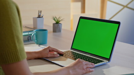 Remote manager looking green screen laptop at cozy home workplace closeup.
