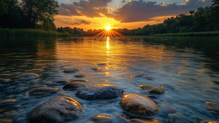 River sunset rocks landscape, tranquil nature scene