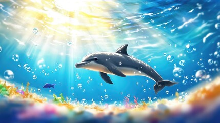 Obraz premium A dolphin swimming through a sunlit underwater scene, surrounded by bubbles and vibrant marine life, capturing the essence of ocean playfulness