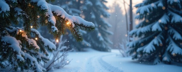 Snow-covered fir branches, twinkling lights, winter wonderland , graphic, cold