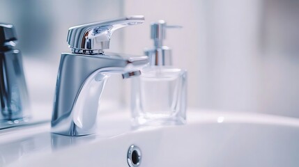 Modern chrome faucet and soap dispenser in bathroom