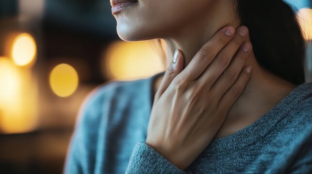 Sore throat discomfort in person touching neck indoor setting close-up