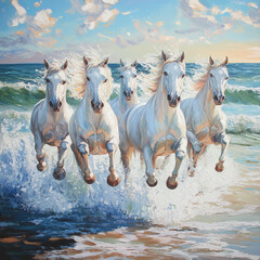 Obraz premium White horses with flowing manes gallop along the shimmering shoreline, their powerful forms contrasting against the vibrant sea.
