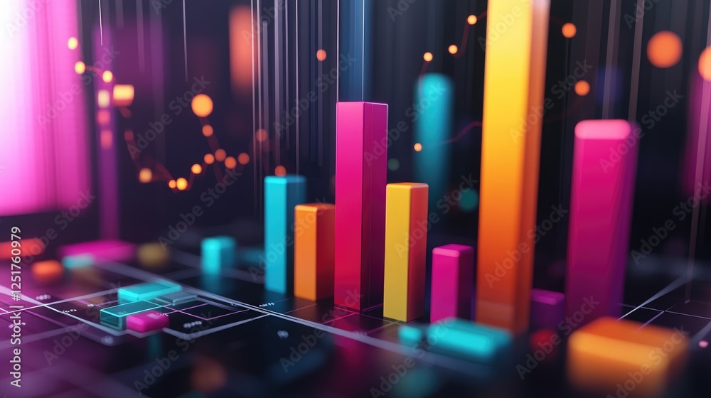 Poster a dynamic d bar graph with vibrant colors representing different financial metrics, rising from a sl