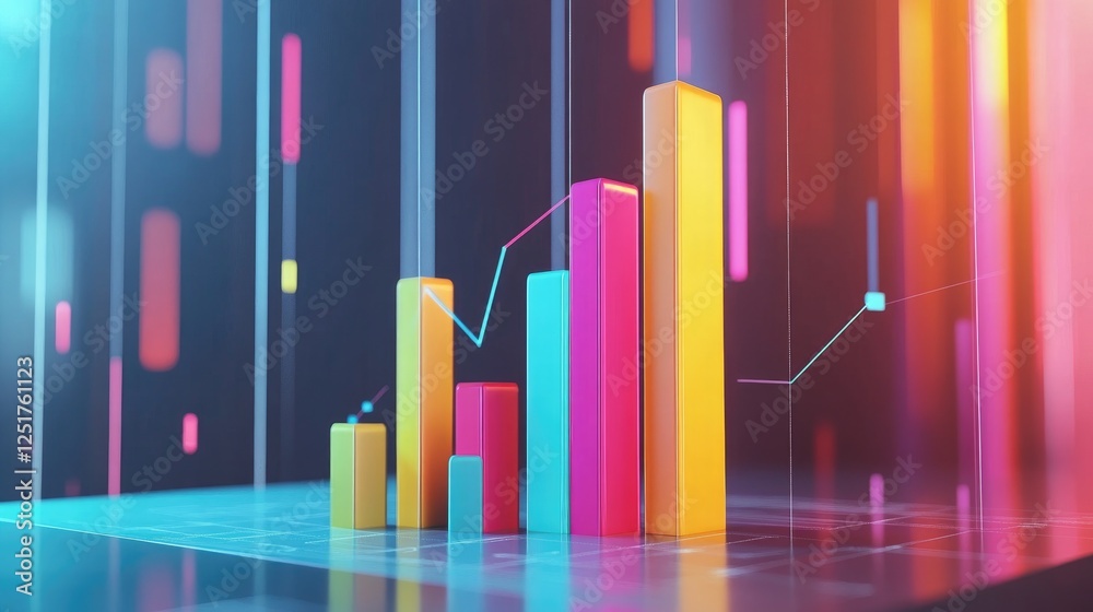 Poster a dynamic d bar graph with vibrant colors representing different financial metrics, rising from a sl